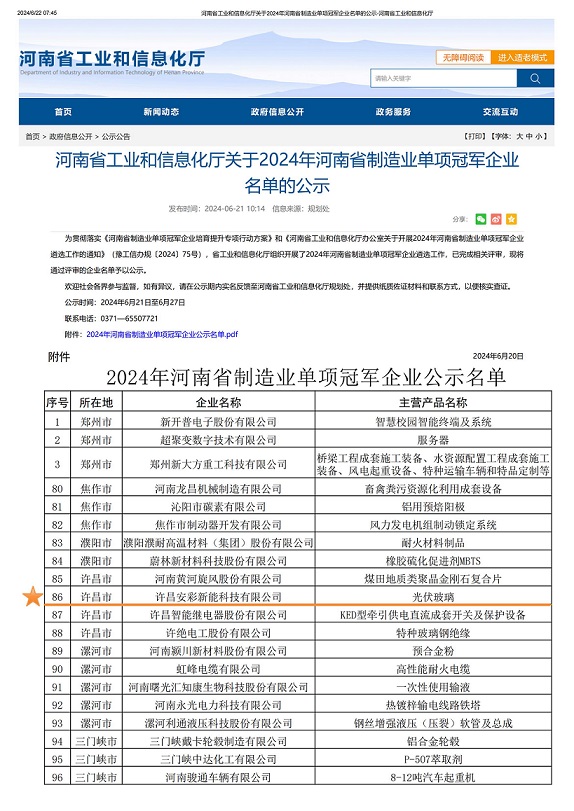 許昌安彩榮獲“2024年河南省制造業(yè)單項(xiàng)冠軍企業(yè)”稱(chēng)號(hào)